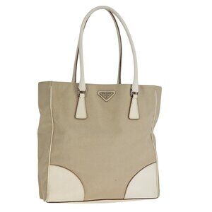 PRADA Tote Bag Canvas Leather Beige White Silver